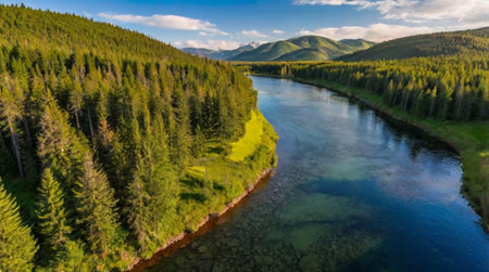 Lush green valley surrounded by towering peaks.