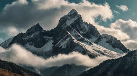 Mountain covered in thick morning mist.の写真素材