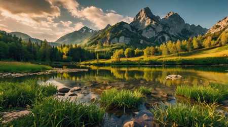 Mountain sunrise with golden rays.の写真素材