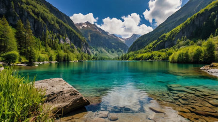 Calm rainforest river reflecting green foliage.の写真素材