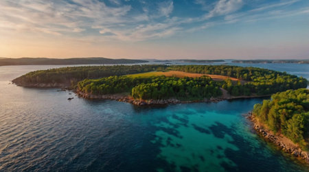 An aerial view of a lush green island surrounded by turquoise waters.