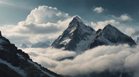 Majestic mountain peaks covered in clouds.