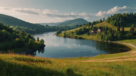 Peaceful forest clearing bathed in warm sunlight.の写真素材