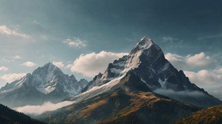 Mountain range with peaks and valleys under a blue sky with clouds.
