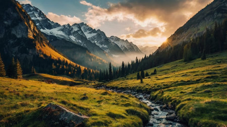 Gentle river flowing through countryside meadow.