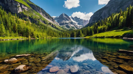 Serene river flowing through dense pine forest.