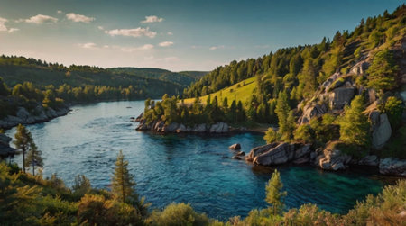 River flowing through a lush green forest at sunset.