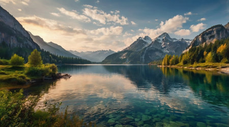 Mountain reflection on still lake at golden hour.