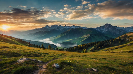 Wide panoramic landscape of mountains under clear daylight.
