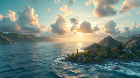 Sunset over a tropical island with a small village and surrounding ocean.
