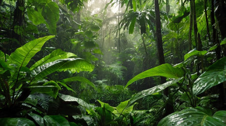 Peaceful rainforest at golden hour.
