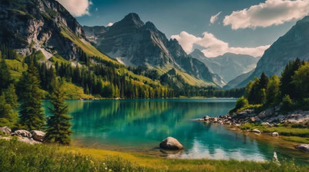 Crystal blue lake surrounded by dramatic mountain cliffs.