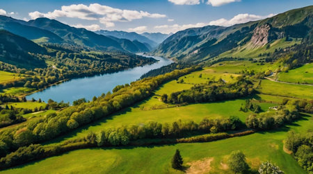 Lush green fields stretching across a tropical valley.