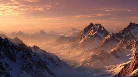 Snowy mountain range under dramatic cloudy sky.