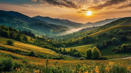 Scenic countryside with grazing horses at sunset.