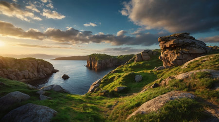 Peaceful meadow with soft sunlight and wild grass.の写真素材