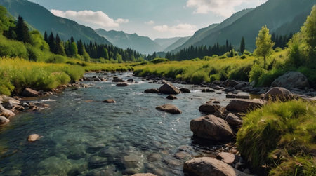 Scenic river flowing through lush greenery and rocky terrain.
