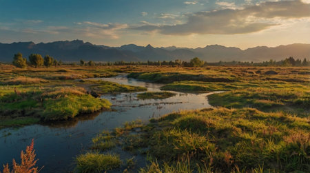 Crystal clear stream flowing through mountain valley.