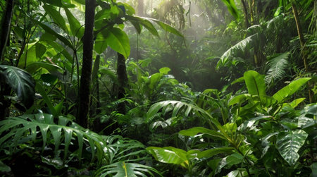 Deep forest landscape with tall green trees.