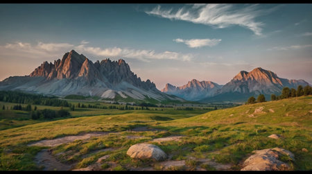 Scenic panoramic mountain landscape under bright daylight.の写真素材