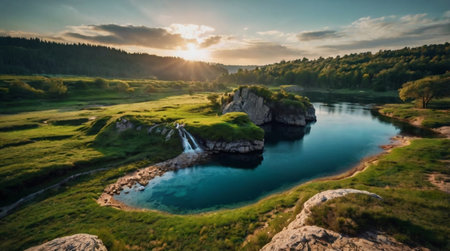 Peaceful riverbank under a bright summer sky.
