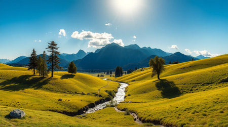 Blue hour sky reflecting on still water surface.の写真素材