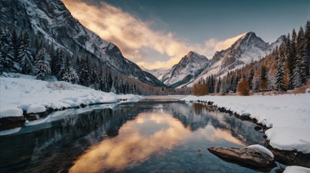 Snowy mountain landscape with a river flowing through.