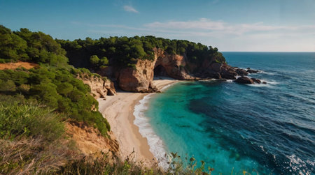 Mountain reflection on still lake at golden hour.の写真素材