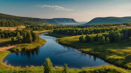 Vibrant river flowing through lush green landscape with hills in the background.