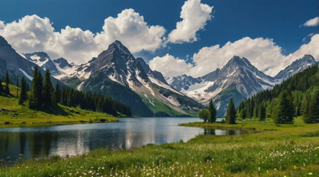 Peaceful meadow filled with blooming spring flowers.