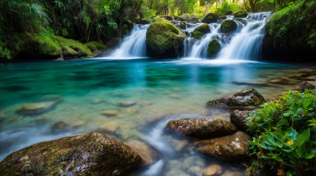 Blue ocean bay surrounded by steep green cliffs.の写真素材