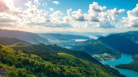 A foggy morning in a peaceful countryside village.の写真素材