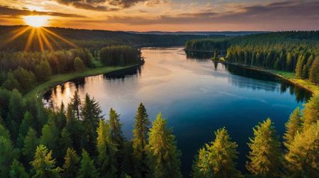 Sunset over calm lake with glowing horizon line.の写真素材