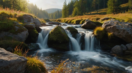Vibrant rainbow appearing after rain over green fields.の写真素材