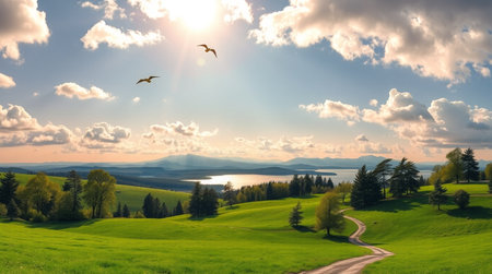 Scenic countryside under blue sky.の写真素材