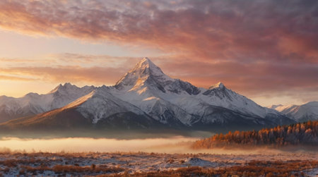 Scenic view of majestic mountain range at sunrise.の写真素材