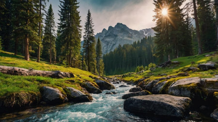 Misty forest at dawn with sunlight filtering through trees.の写真素材
