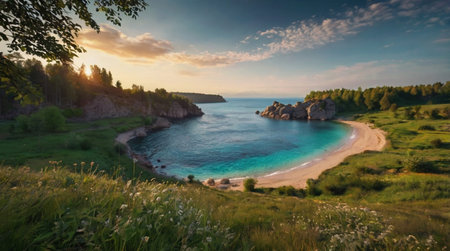 Rocky shoreline under dramatic cloudy sky.の写真素材