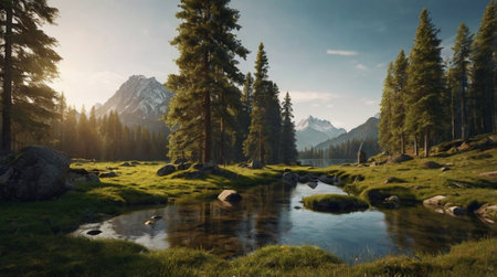 Crystal clear alpine lake under bright sunlight.の写真素材