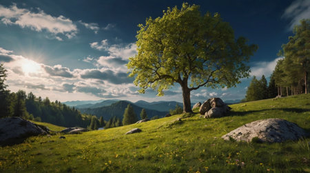 A serene meadow with a single tree, surrounded by rolling hills and distant mountains.