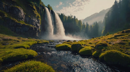 waterfall in the mountains with green grass and rocks in the foreground