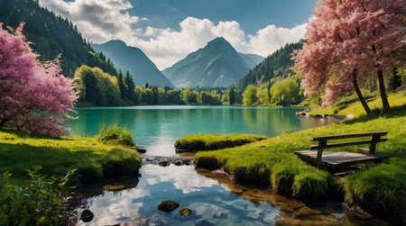 Colorful fall foliage surrounding a small wooden bridge.の写真素材