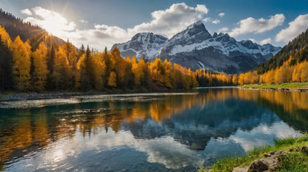 Idyllic alpine environment with fresh morning air, radiant sunlight and panoramic natural beauty.の写真素材