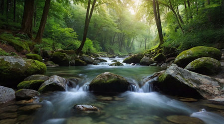 Serene waterfall hidden in a lush jungle environment.