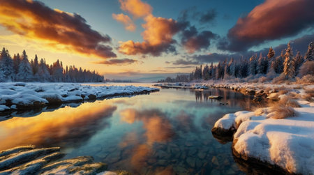 Snowy landscape with a river and trees during sunset.