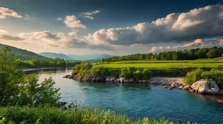 Majestic canyon illuminated by warm evening sunlight.の写真素材