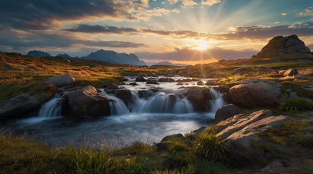 Dramatic sunset over rugged coastal cliffs with waves crashing against rocky shoreline.