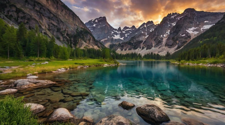 Emerald valley surrounded by towering cliffs and illuminated by early morning light.