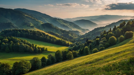 Rolling hills covered in green grass under a bright blue sky with fluffy clouds.