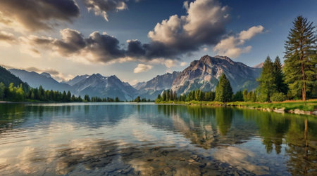 Crystal clear lake reflecting towering mountains and vibrant sunrise hues in ultra detailed natural...